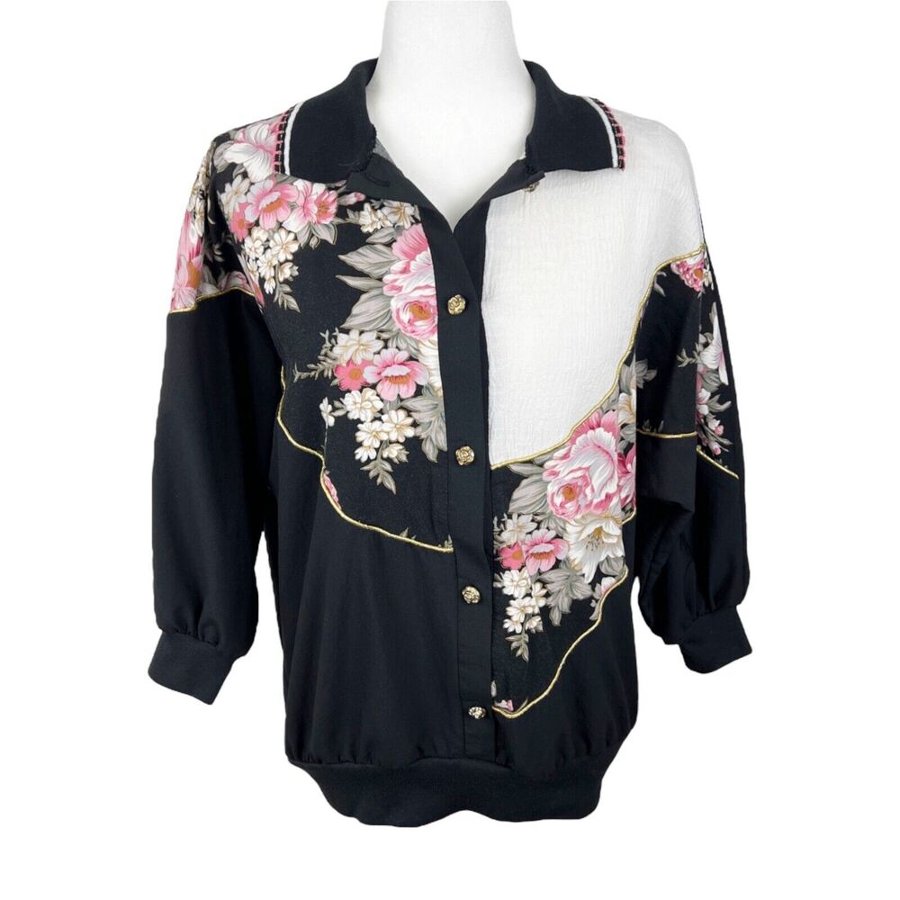 Vintage Silver Threads Blouse Women Medium Black Western Floral Lapel Casual Top